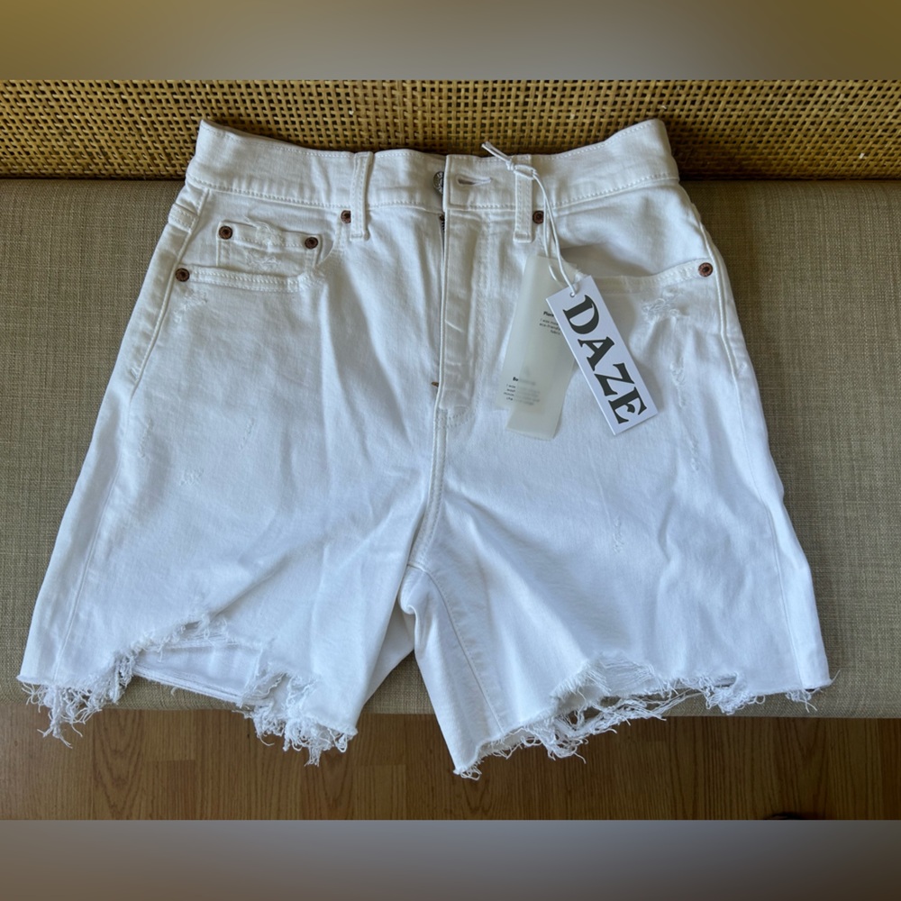 DAZE White Distressed High-Rise Denim Shorts
